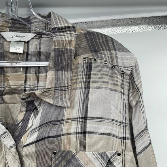 CJ Banks Womens Plaid Button Up Top Long Sleeve Multicolored Size X Studded - Picture 4 of 9